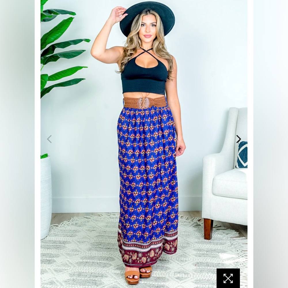 Women's Tribal Print Maxi Skirt Slit Side High Waist Belted Long Skirt Bohemian